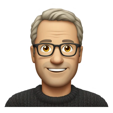 a smiling European middle-aged man wearing glasses, a dark sweater, no mustache sticker