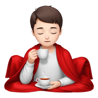A European boy is sitting comfortably under a blanket, wrapped in a red blanket, drinking tea with his eyes closed. sticker