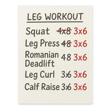 foglio di carta con scheda di allenamento gambe con volume di allenamento ridotto (fai alcuni esercizi con 4x8 scritti in precedenza sbarrati in rosso e la correzione accanto tipo 3x6), scrivila al meglio che puoi sticker
