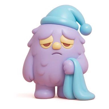 fluffy monster wearing a nightcap, holding a blanket, eyes drooping, soft lighting, vinyl figure style sticker