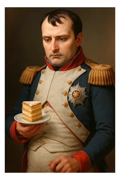 Сгенерируй мне этого наполеона, который стоит с кусочком торта наполеон, и смотрит на него sticker