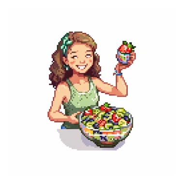 A cheerful person holding a glass bowl of colorful fruit salad with vibrant pieces of strawberries, kiwis, and blueberries visible. The person is wearing a casual, light-colored tank top and has a friendly, bright smile as they prepare to take a bite with a spoon. sticker
