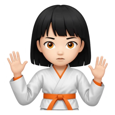 Asian child emoji with pinkish skin, black bangs, long black hair, orange eyes, wearing a white karate uniform sticker