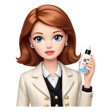 A Barbie girl with blue eyes, shoulder-length reddish-brown hair with makeup, wearing a white tweed jacket and a black skirt, holds chanel cream in her hand sticker