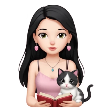 Menina branca ,cabelos cor preta longos, olhos cor preta puxados para cima. Cílios longos, lábios grossos ,nariz pequeno ,vestido rosa claro de alça. Colar e brinco bem pequeno. Lendo um livro com gatinho preto e branco. sticker