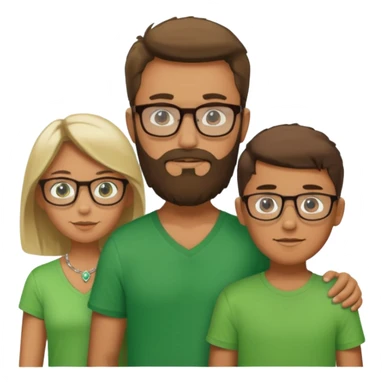 A family consisting of a man who's bearded, tanned, wearing glasses, a woman, slightly tanned, and a 14 year old teenage boy, slightly tanned, wearing a green t-shirt sticker