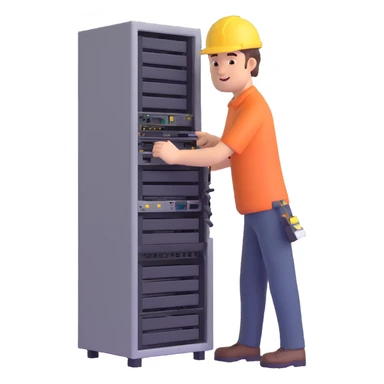 An man fixing company servers sticker