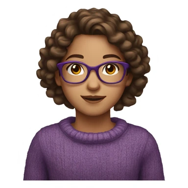 young girl, young hispanic, brown hair, long curly brown hair, brown eyes, purple winter sweater, glasses sticker