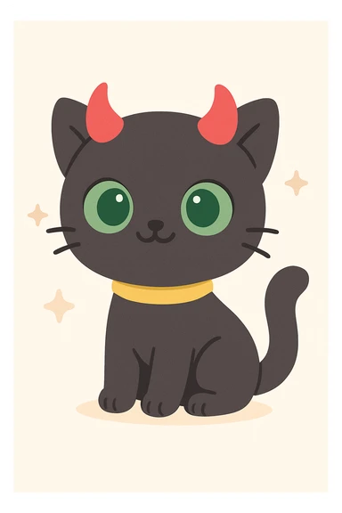 Add a yellow collar to the black cat with green eyes and demon horns, maintaining the cute cartoon style of the original image. sticker