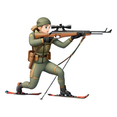 An icon showing a snowy landscape with pine trees, mountains, and a clear sky with a biathlete aiming a rifle in the foreground, wearing winter gear and skis. Transparent background emphasizes the precision, endurance, and beauty of this winter sport. sticker