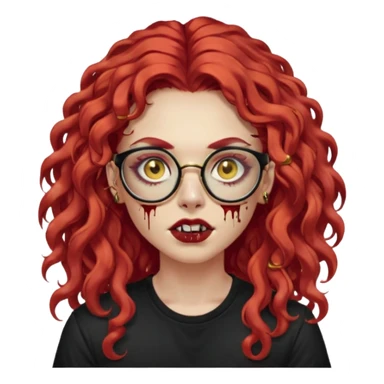 nonchalant zombie with long red curly hair, thick lashes, black square glasses, gold nose piercings on each side of her nose, and a gold eyebrow piercing. sticker