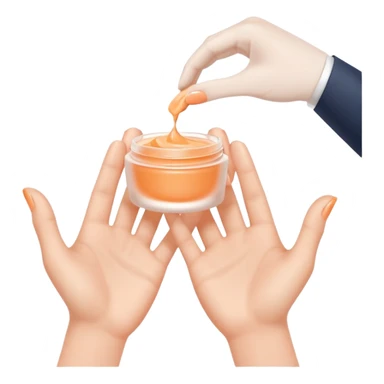 Minimal emoji of 2 hands gently applying skincare cream, soft nude and peach tones, clean beauty aesthetic, calm and elegant, subtle glow sticker