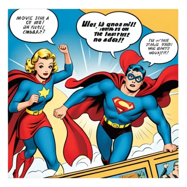 Icon for Vintage American Comics: an open comic magazine with classic 1940s-1950s American comic art, featuring superheroes in bold, bright colors, with action panels and exaggerated speech bubbles. The icon should represent the nostalgic style of vintage comics. Transparent background. sticker