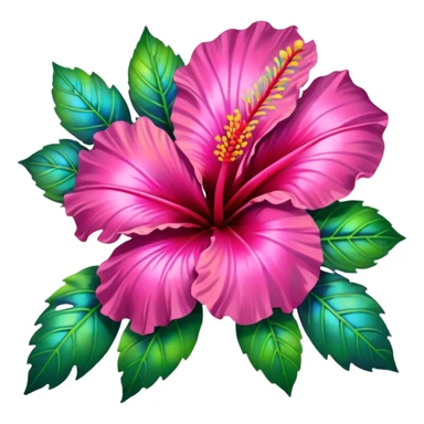 Lush Hibiscus flowers. resolution of 5000x5800 pixels. transparent background. The design should emphasize clean, thin, and smooth lines to enhance the visual appeal. Hibiscus flowers should be depicted in iridescent, holographic, and vivid colors. Surround the flowers with realistic leaves, 8k sticker