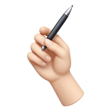 A 3D icon of a human hand holding a pen, minimalist and modern style, soft lighting, smooth edges, floating on a white background, realistic proportions, clean and professional design sticker