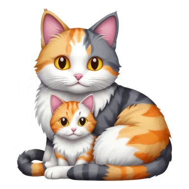 full body dark grey and white cat cuddling a colourful light patched calico + white tabby cat  sticker