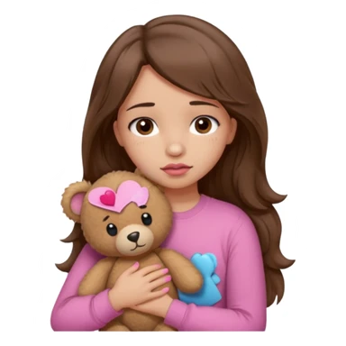 girl with long wavy brown hair, brown eyes, light to medium complexion, in a pink shirt, pink lips, long lashes, sad, hugging squeezing a teddy bear with a broken heart band aid sticker