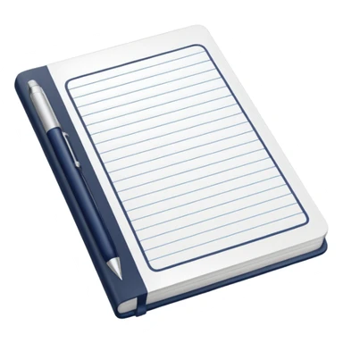Front-facing notebook icon with a pen on the right side, minimal line-art, clean modern style, perfectly straight angle (no tilt), simple outlines, slightly 3D, no background, transparent, “documenting / journaling / tracking progress sticker