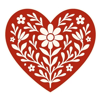 Add a white outline around the motif so it stands out against the red heart. Keep the motif minimalist and bold, maintain the red color and the border around the heart. The style should be Scandinavian folk art. Transparent background. sticker