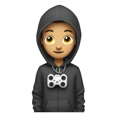 full body, male teenager in hoodie standing, holding a drone controller sticker