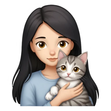  girl with black long hair, light-medium skin, brown eyes snuggling light grey tabby kitten sticker