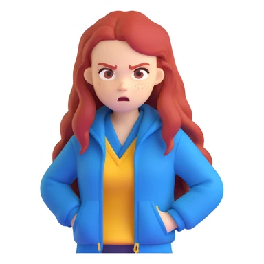 Redhead girl with long hair in blue jacket looking angry sticker
