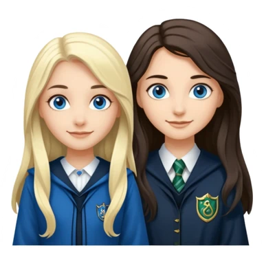 a pretty ravenclaw girl with long dark brown hair and blue eyes standing with a hot Slytherin girl with long blonde hair, blue eyes sticker