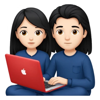 black haired boy and long haired girl in navy blue pajamas , watching movie on laptop sticker