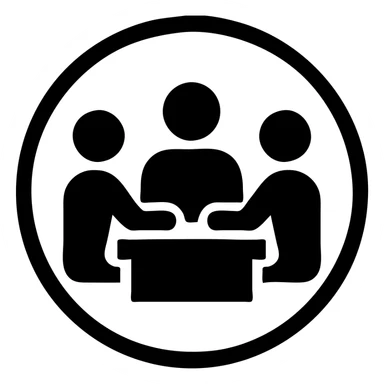 Minimalist black filled icon for Dedicated In House Operational Teams. A team or group working together symbol inside a circle, filled with black, matching the same color code and format as the reference images. sticker