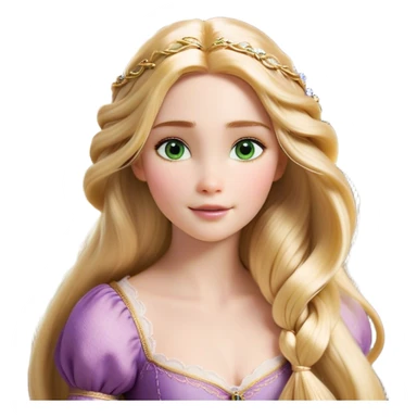 Cinematic Realistic Rapunzel Portrait, with porcelain-like skin featuring a subtle, natural glow, illuminated by soft lighting that brings out the gentle contours of her face. Her long, golden blonde hair cascades in detailed waves, each strand highlighted with a radiant shimmer as it catches the light. Her bright, expressive green eyes exude curiosity and warmth, framed by delicate lashes and soft, arched brows. Her expression is playful and vibrant, with a gentle smile. She is dressed in her classic lavender and pink gown, the fabric textured with delicate folds that flow naturally, catching the light with a soft, radiant glow. The portrait captures a luminous, enchanting aura, seamlessly blending realism with a whimsical, fairytale charm, evoking a timeless sense of beauty and magic. sticker