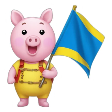Pepa pig holds a Ukrainian flag sticker
