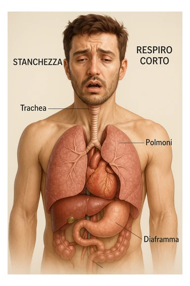 Uomo con stanchezza e respiro corto vista anatomica immagine realistica in 3D in italiano sticker