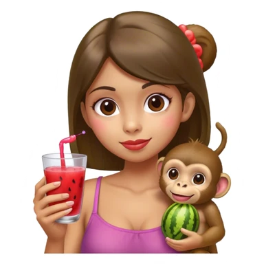 girl with monkey, grape juice, watermelon sticker