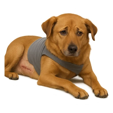 dog with a visible surgical scar and a soft wrap, lying down, looking a bit sad but safe, post-operation sticker