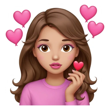 girl with long wavy brown hair, brown eyes, light to medium complexion, in a pink shirt, pink lips, long lashes, sexy , puckering lips kissing, blushing with hearts sticker