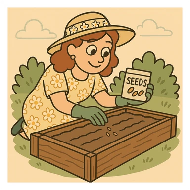 Change the woman's outfit to a floral dress and sunhat in a flat toon style. sticker