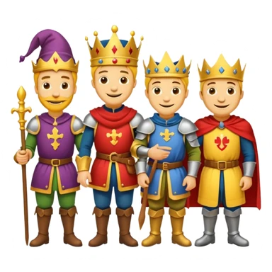 fait moi un Roi 1 Connétable un Chevalier un paysan et un Bouffon avec le style graphique cartoon et personnage jaune sticker