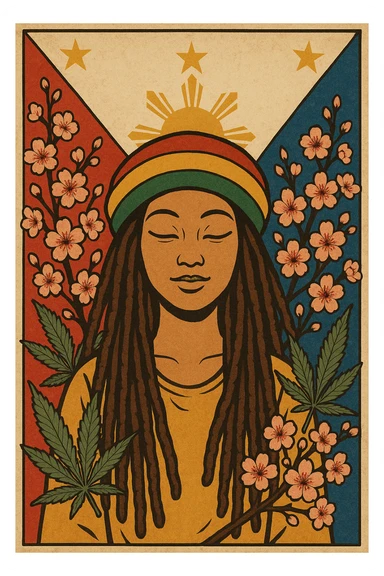 Vintage poster of an Asian Rasta woman with long dreadlocks, peaceful eyes, and a red-gold-green tam. Surrounded by cherry blossoms and ganja leaves. Background Asian flag. Retro reggae fusion vibe, with bold lines and aged paper texture. Philippines with the actual flag
 sticker