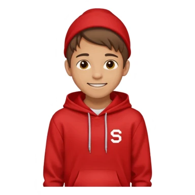 make me an emoji of an americain 19 yearold boy in a red hoodie that says "south" on it and give him with tan skin with his hands in his pockets with the sleevs pulled up grining with a jaw line  sticker
