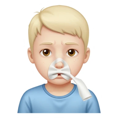 sick kid with tissue on nose and fever sticker