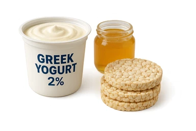 Yogurt Greco 2%
Miele (senza il cucchiaio di legno)
Gallette di Riso
vista frontale, iperrealistico 4k sticker