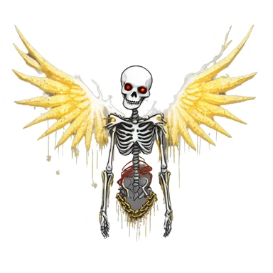 White skeleton zombie person covered in golden chains and black graffiti scribbles and red and silver doodles wings made of neon lightning snowing snowflakes sticker