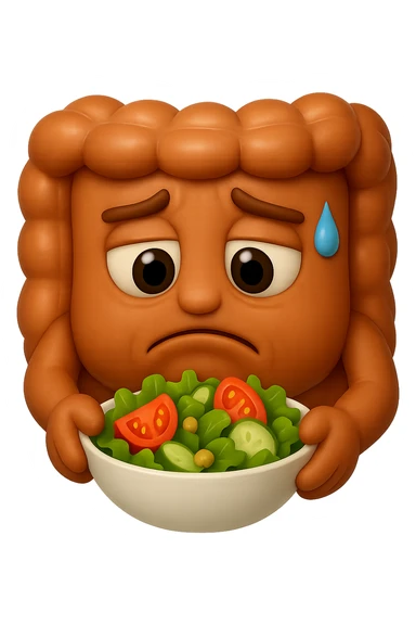 EMOJI STILE IPHONE DI UN INTESTINO UMANO ANATOMICO CHE GUARDA UN INSALATA CON ESPRESSIONE TRISTE E RASSEGNATA IN VOLTO: SOFFRE LA FAME PERCHé è A DIETA, FAGLI ANCHE LA PARTE BIANCA DEGLI OCCHI, NON SOLO LE PUPILLE, IPERREALISTICO 4K sticker