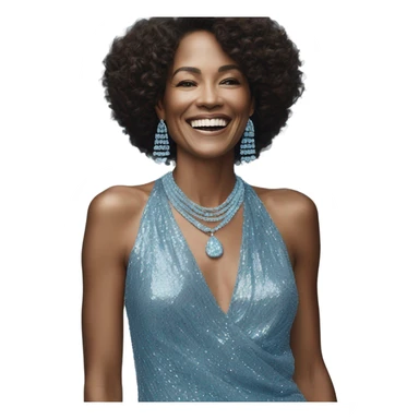 smiling woman in blue sequin dress with david yurman aquamarine necklace and earrings sticker