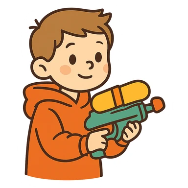 flat toon style little white kid in oversized hoodie, holding a cartoonish water gun sticker
