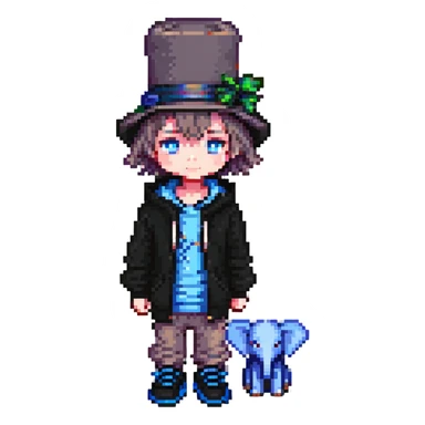 pixel art kid with blue eyes, hoodie containing an elephant, black shoes, and a top hat sticker