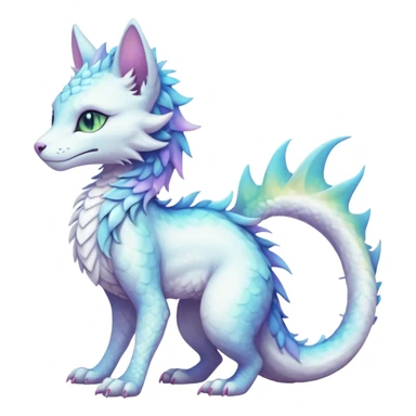 Kawaii white pastel iridescent beautiful pretty elegant divine edgy fantasy feline-vernid-sergal-Haku-dragon-fursona animal creature with a tufted tail full body with intricate markings  sticker