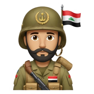 A very tired and sad, swarthy Iraqi soldier with a beard, an Iraqi flag on his helmet, a sad expression and bags under his eyes sticker