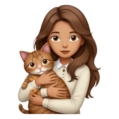 Fashionable girl with stylish outfit and long slightly wavy hair and hugging a cat sticker