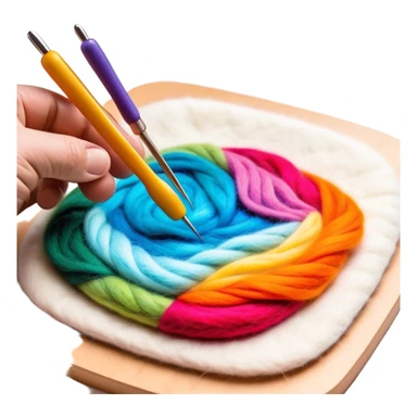 Felt art creation icon, layers of colorful felt being carefully shaped with felting needles into a picture or decorative design, visible hand tools like felting needles, no finished artwork, just the process of felting, minimalistic style, clean lines, transparent background. sticker
